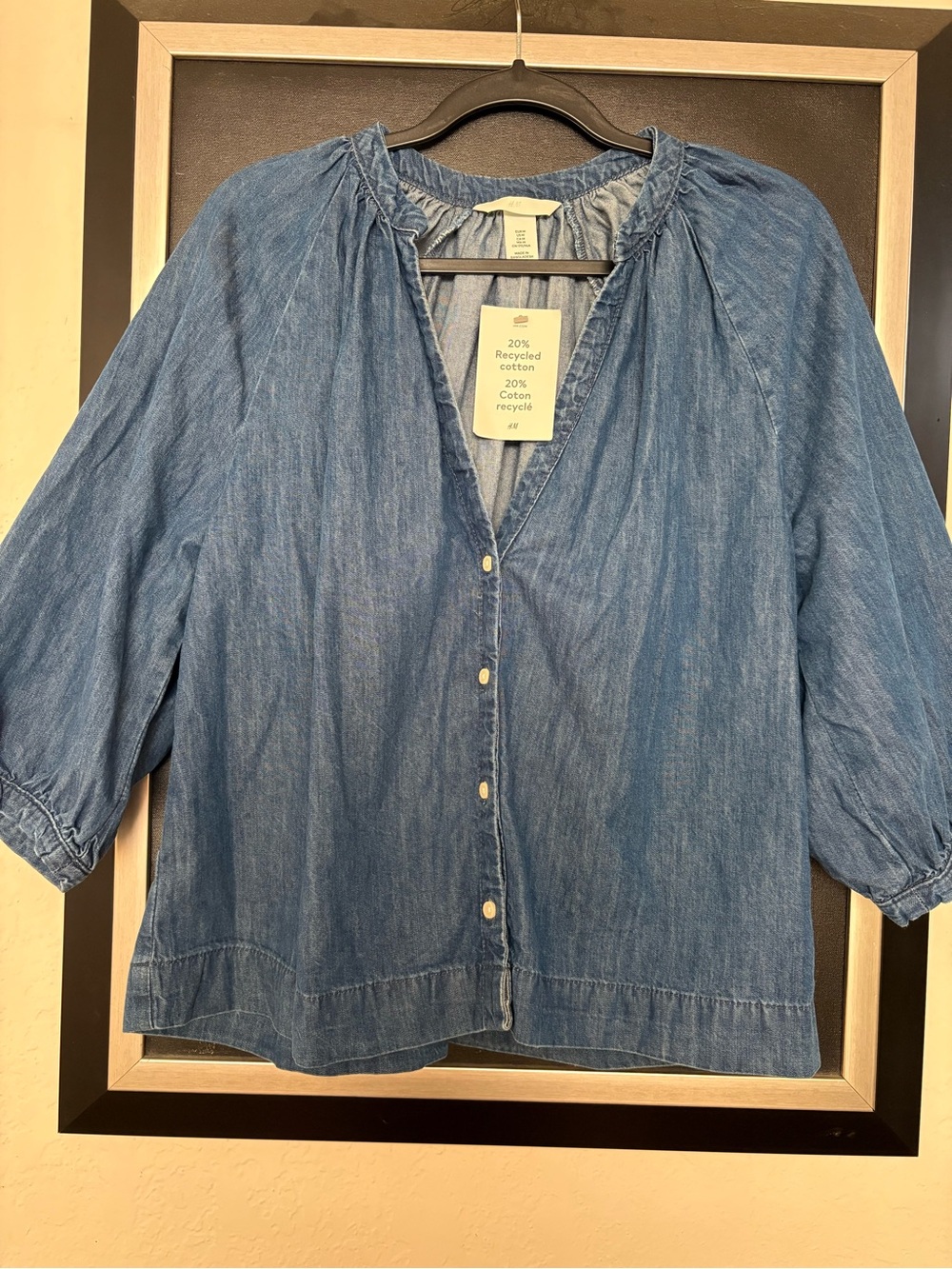 H&M Blue Denim Button-Front Peasant Blouse
